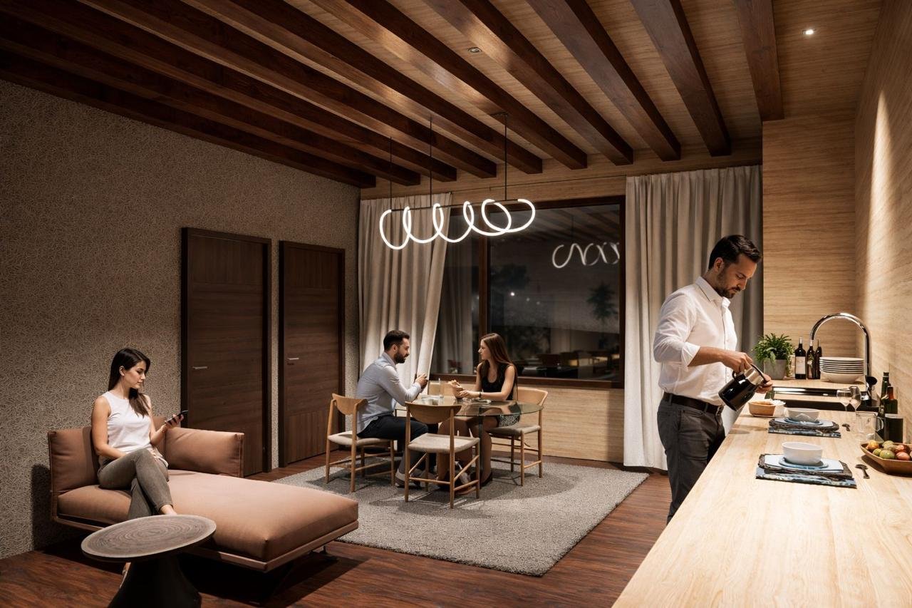 Render de interior, cocina y comedor de Torre Mississippi